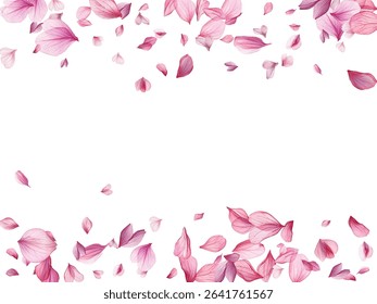 Beautiful pink and purple flower petals gracefully falling against a white background, creating a delicate and romantic atmosphere. Perfect for spring-themed designs, wedding invitations.