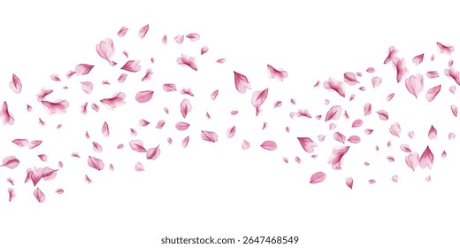 Beautiful pink and purple flower petals gracefully falling against a white background, creating a delicate and romantic atmosphere. Perfect for spring-themed designs, wedding invitations.