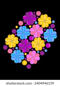 a beautiful pink purple sky blue gradient flower design with black background, flower design with gradient color, gradient flower design in night mood