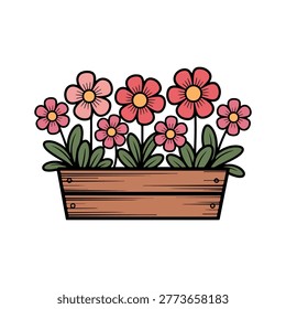 Beautiful pink and red spring flowers in a wooden window box planter, hand-drawn vector illustration.