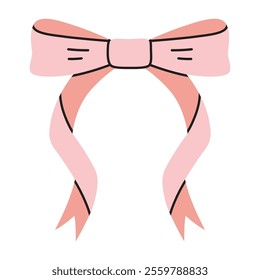 Beautiful pink ribbon bow, decorative bowknot for gift packaging. Trendy modern vector illustration isolated on white background, hand drawn, flat design