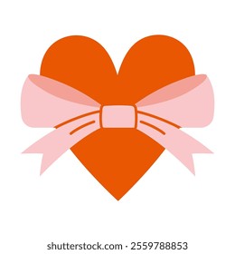 Beautiful pink ribbon bow with red heart. Trendy modern vector illustration isolated on white background, hand drawn, flat design