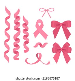 Beautiful pink ribbon and bow set on white background, sweet wrapping element for party present gift decoration on Christmas, valentines day, birthday, vector illustration, 