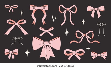 Beautiful pink ribbon bow set, decorative bowknot for gift packaging. Coquette and balletcore aesthetic, girly accessory. Trendy modern vector illustration, flat design