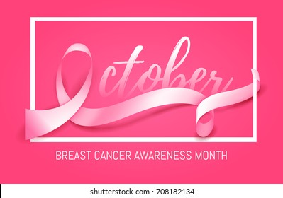 ?urly beautiful pink ribbon, breast cancer awareness symbol,  October month of fight against breast cancer. Vector illustration