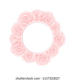 Beautiful Pink Rose Banner Wreath - Rosa isolated on White Background. Valentine Day. Vector Illustration.