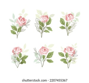 Beautiful Pink Rose Blossom on Stem with Green Leaf as Garden Flora Vector Set