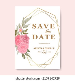 beautiful pink rose flower warecolor wedding invitation card template