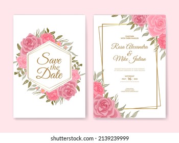 beautiful pink rose flower warecolor wedding invitation template