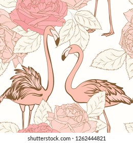 Beautiful pink rose flowers pink flamingo birds seamless pattern. Love couple. Blooming floral elements with leaves. White background. Fashion wallpaper backdrop. Vector design illustration.