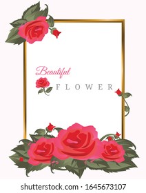 Beautiful pink rose frame template for photo, text, and promotion with gold rectangle.