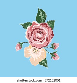 Beautiful pink rose, isolated on blue background. Vector illustration. Flowers in a realistic style. greeting cards and invitations of wedding, birthday, mother's day, other seasonal holiday.