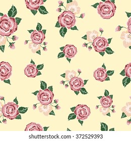 Beautiful pink rose pattern,isolated on yellow background.Vector seamless texture.Cloth design,wallpaper,wrapping.Greeting cards and invitations of wedding,birthday,mother's day,other seasonal holiday