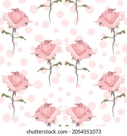 beautiful pink rose vector seamless repeat pattern on a polka dot pink ans white background