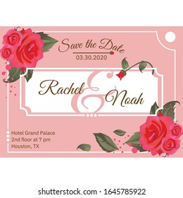 Beautiful pink rose wedding invitation card template. Pink greeting card with rose ornament.