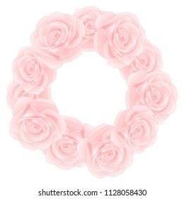 Beautiful Pink Rose Wreath - Rosa isolated on White Background. Valentine Day. Vector Illustration.