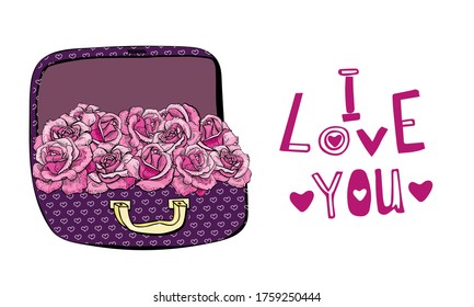 Beautiful pink roses and box vector hand drawn fashion sketch.  Lettering -I love you. Isolated element on white background for design flower store. 