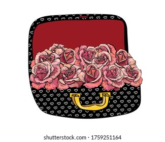 Beautiful pink roses and box vector hand drawn fashion sketch.   Isolated element on white background. Fashion vector illustration.