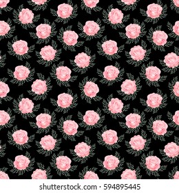 Beautiful pink roses with greens on a black background. Seamless pattern for your design. Vector illustration.