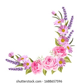 Beautiful pink roses and lavender flowers on white background. Vector illustration.