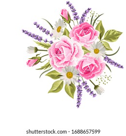 Beautiful pink roses and lavender flowers on white background. Vector illustration.