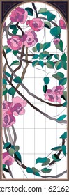 Beautiful pink roses mosaic in stained glass window frame. Vector illustration