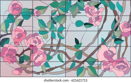 Beautiful pink roses in stained glass. Vector illustration