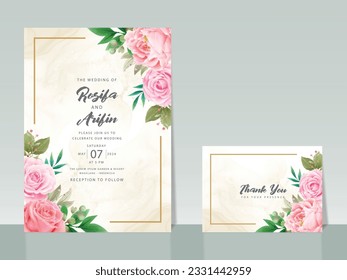 beautiful pink roses watercolor wedding invitation card