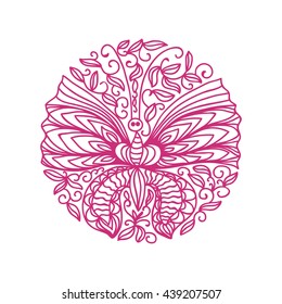 Beautiful pink round decorative element with leaves and butterfly. Vector illustration.