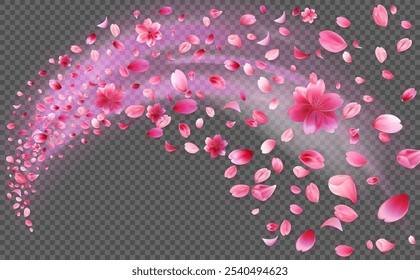 Beautiful pink sakura petals and flowers in motion with a soft glow effect, isolated on transparent background. Stock vector illustration