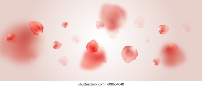 Beautiful pink sakura petals flying in the air, vector illustration. Tender romantic background, spring concept.