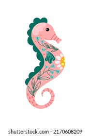 Beautiful pink seahorse with floral pattern isolated on white background. Vector Illustration. Cartoon illustration for kids clothes, greeting card or poster. 