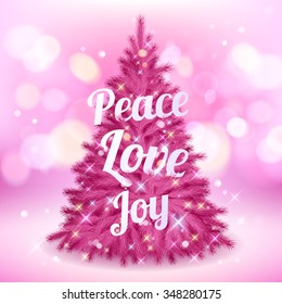 Beautiful pink shiny glowing christmas tree with greetings - peace, love, joy.