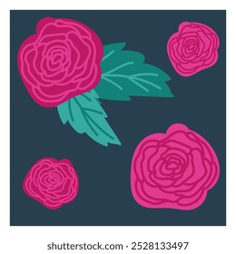 Lindas flores rosa simples rosa com folhas no fundo azul índigo escuro. Ilustração plana vetorial desenhada à mão. Decoração, ícone, adesivo para Dia da celebração morta, design de cartão de saudação.