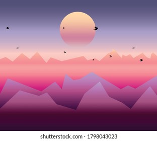 Beautiful pink sky with highlighted mountains and a colored moon with flying birds.  Evening sunset of mountains.