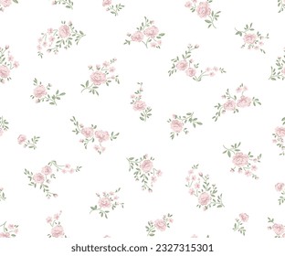 Beautiful pink small roses flowers seamless pattern for textile, fashion fabric print. Vector illustration