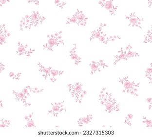 Beautiful pink small roses flowers seamless pattern for girl for dress, skirt, scarf, textile, fashion fabric print. Vector illustration