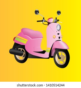 beautiful pink summer moped on a bright yellow sunny background with gradients