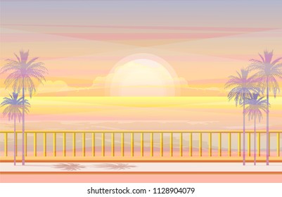 beautiful pink sunset and clouds over ocean and coastline