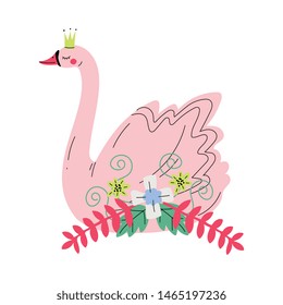 Beautiful Pink Swan Princess with Golden Crown and Flowers, Lovely Fairytale Bird Vector Illustration
