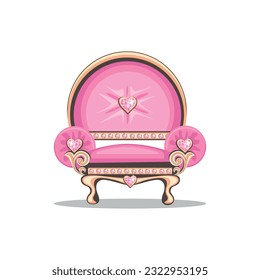 Beautiful pink throne or armchair for a beautiful princess, adorned with heart shaped pink gems. Upholstered furniture to decorate the interior of the princess castle.Vector illustration isolated