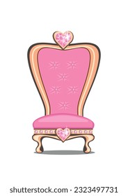 Beautiful pink throne or armchair for a beautiful princess, adorned with heart shaped pink gems. Upholstered furniture to decorate the interior of the princess castle.Vector illustration isolated