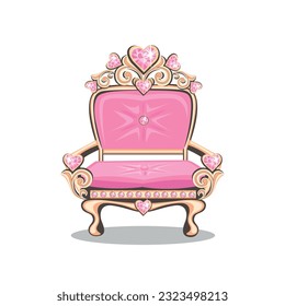 Beautiful pink throne or armchair for a beautiful princess, adorned with heart shaped pink gems. Upholstered furniture to decorate the interior of the princess castle.Vector illustration isolated