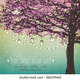 Beautiful Pink Tree With Decorative Lights For Party. Garden Party Invitation. Inspiration Card For Wedding, Date, Birthday, Tea Party