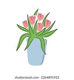Beautiful pink tulip flowers bouquet in blue pastel pot vase isolated on white background. Hand drawn simple flat cartoon doodle illustration in pastel colors. International women's day, floral logo