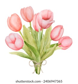 Hermosas flores de tulipán rosado ramo acuarela. Dibujo de la planta de jardín de primavera