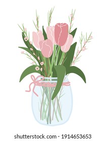 Beautiful pink tulips bouquet in vase. Bright and simple. Isolated on white background. Vector.