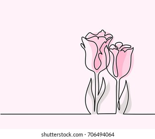 Beautiful pink tulips flowers. Continuous line drawing. Vector illustration