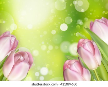 Beautiful pink tulips on green bokeh background. EPS 10 vector file included