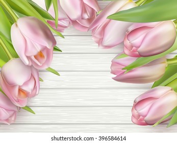 Beautiful pink tulips on wooden background. Copy space. EPS 10 vector file included